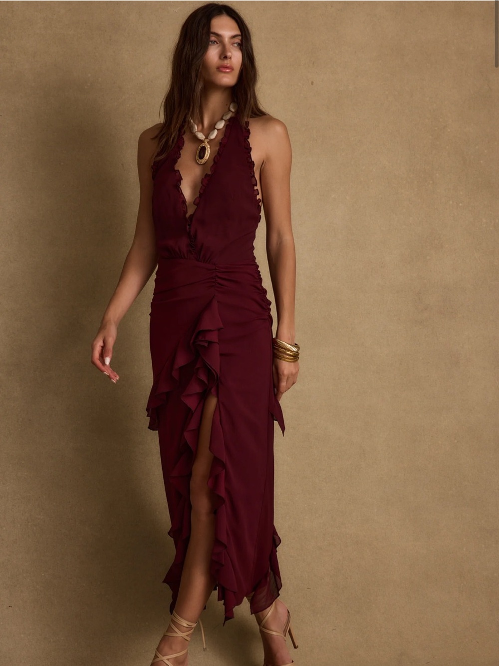 12th Tribe Burgundy Ruffle Halter Maxi Dress